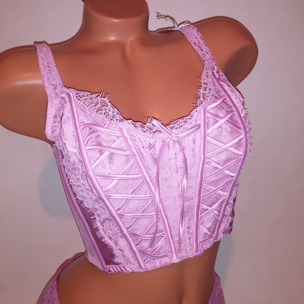 Victoria Secret Bra Set Bustier & Panty Large Pinkish Purple Lace Boned Cheeky - Picture 9 of 14